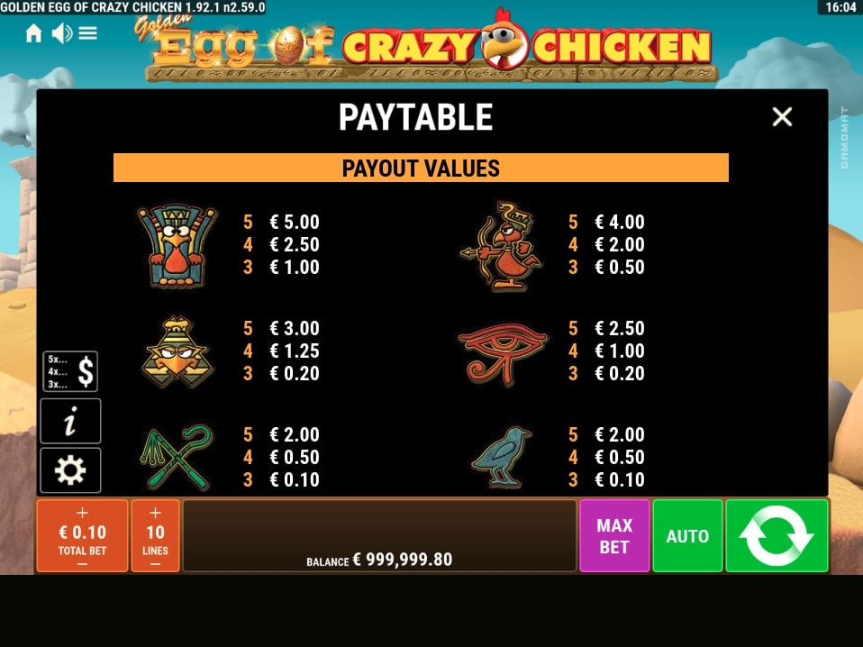 Golden Egg of Crazy Chicken Slot Game Payout Values